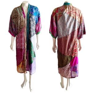 Sacred Threads Silk Kimono Robe Multicolor Patchwork Small